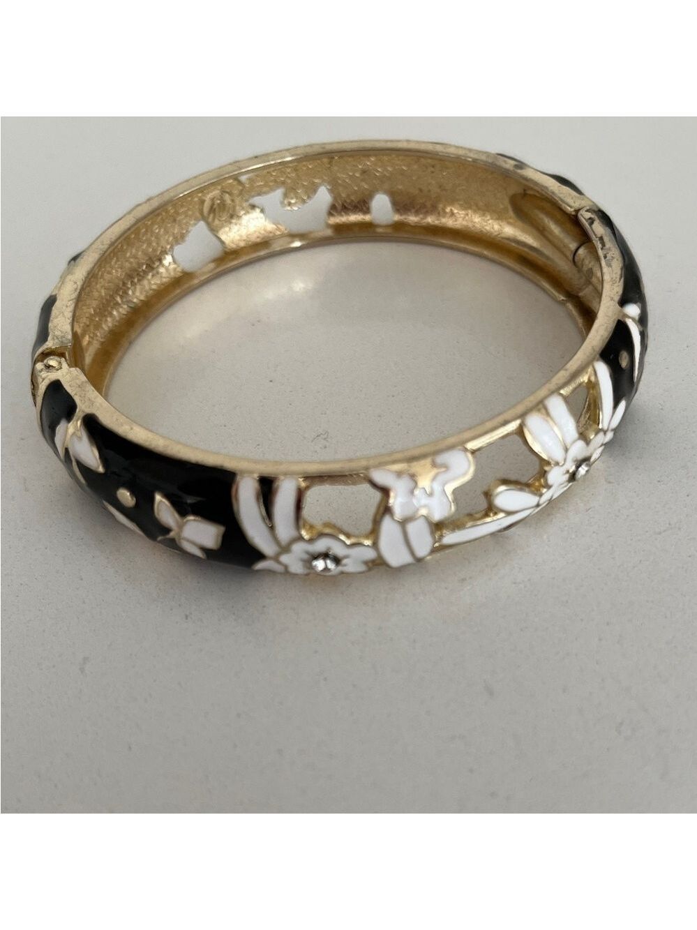 BRACELET Enamel Black White Rhinestone Floral Open Work Hinge Gold Tone Metal